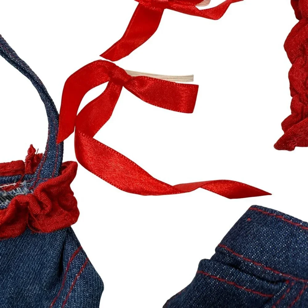 Build-A-Bear BAB Denim Skirt Ruffle Red Top Set Ribbon Bag Purse Summer Outfit